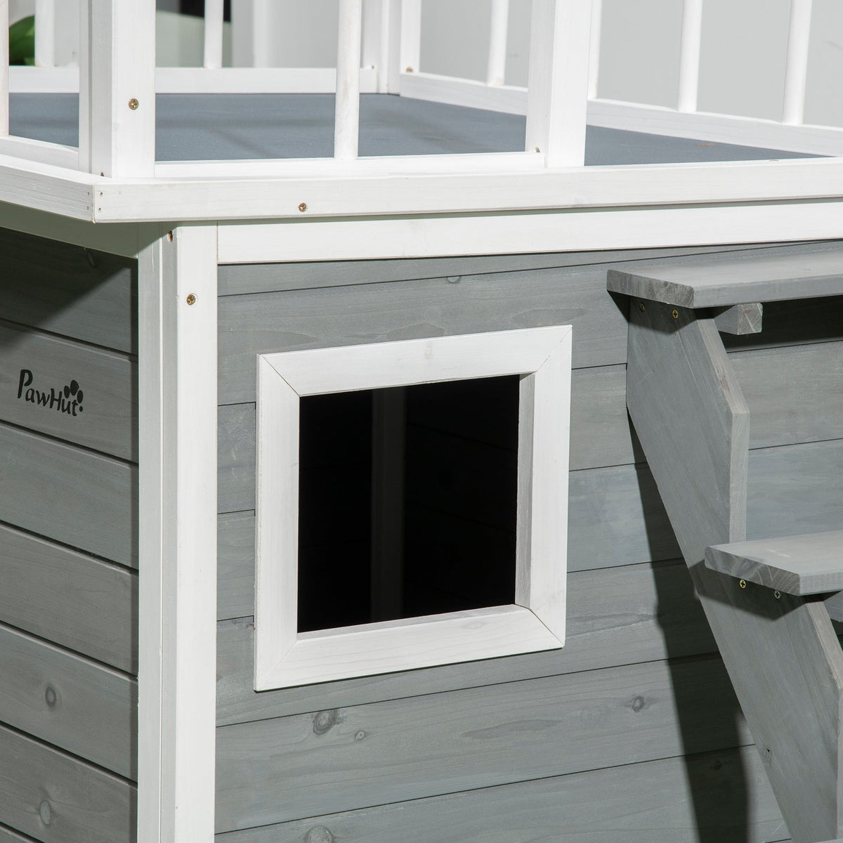 Dog House With Balcony, Elevated Small Animal House With Stairs, Window, Dog Cave For Medium, Large Dogs, Fir Wood