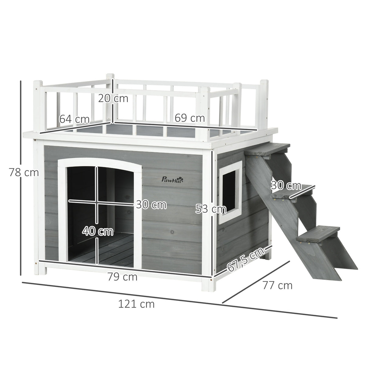 Dog House With Balcony, Elevated Small Animal House With Stairs, Window, Dog Cave For Medium, Large Dogs, Fir Wood