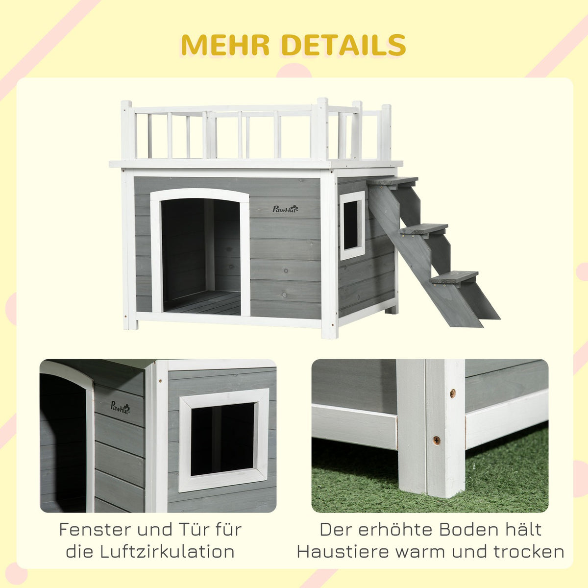 Dog House With Balcony, Elevated Small Animal House With Stairs, Window, Dog Cave For Medium, Large Dogs, Fir Wood
