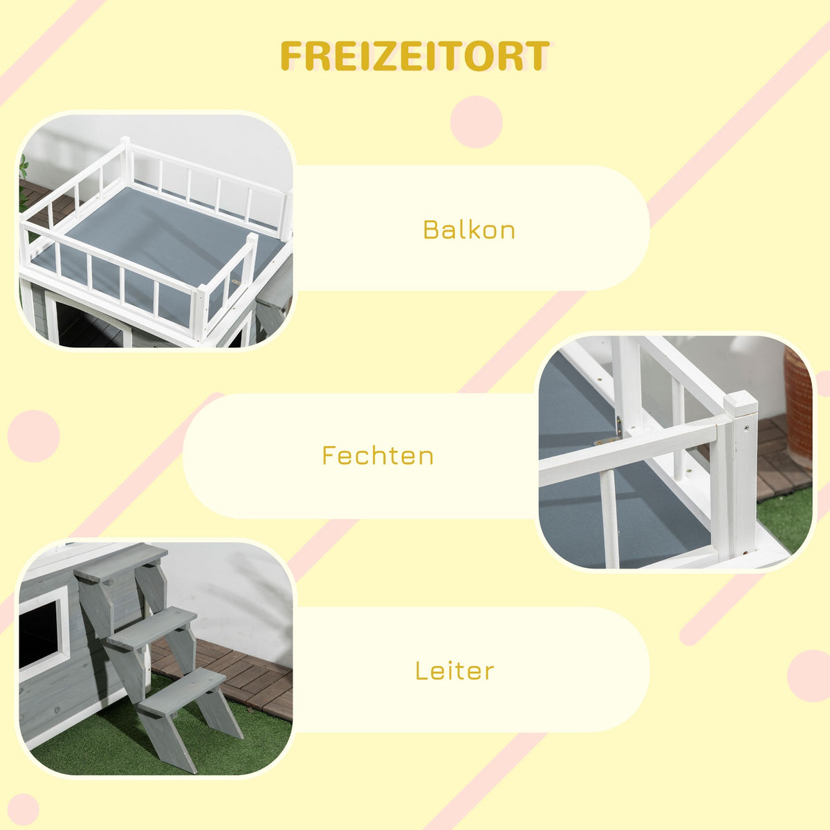 Dog House With Balcony, Elevated Small Animal House With Stairs, Window, Dog Cave For Medium, Large Dogs, Fir Wood