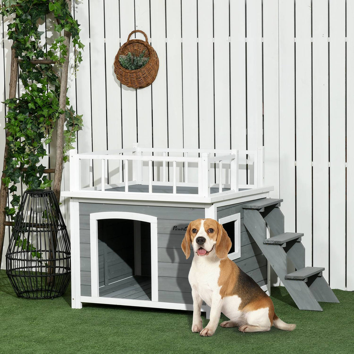 Dog House With Balcony, Elevated Small Animal House With Stairs, Window, Dog Cave For Medium, Large Dogs, Fir Wood
