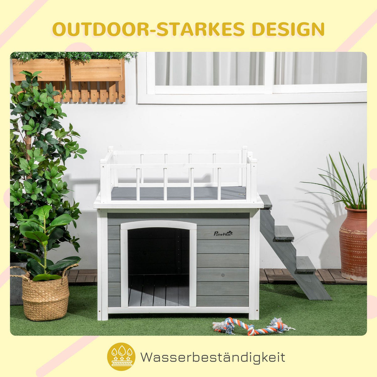 Dog House With Balcony, Elevated Small Animal House With Stairs, Window, Dog Cave For Medium, Large Dogs, Fir Wood