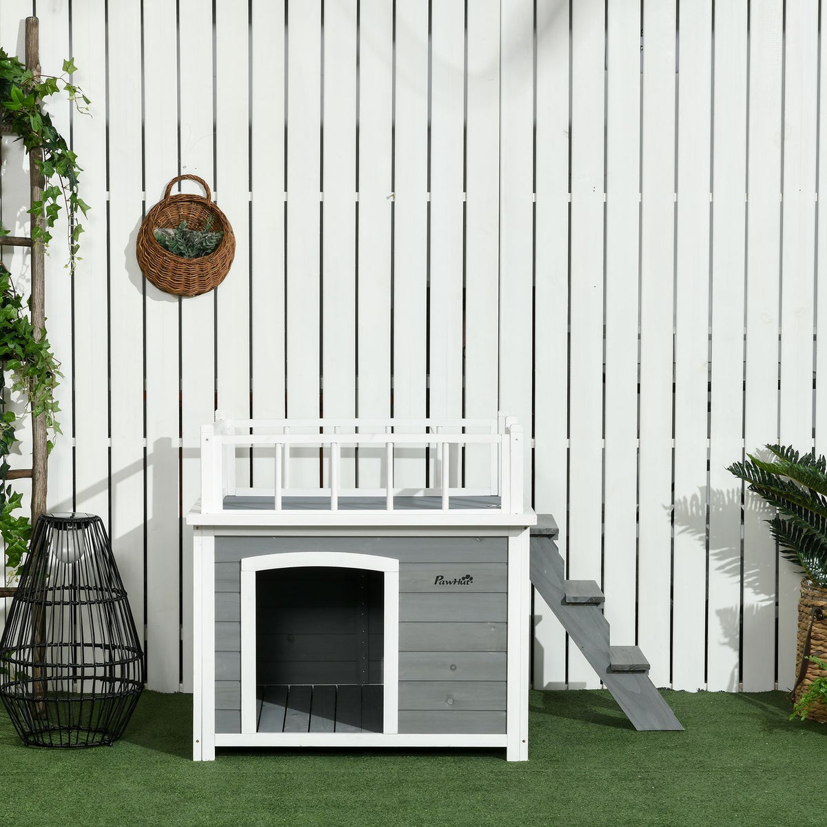 Dog House With Balcony, Elevated Small Animal House With Stairs, Window, Dog Cave For Medium, Large Dogs, Fir Wood
