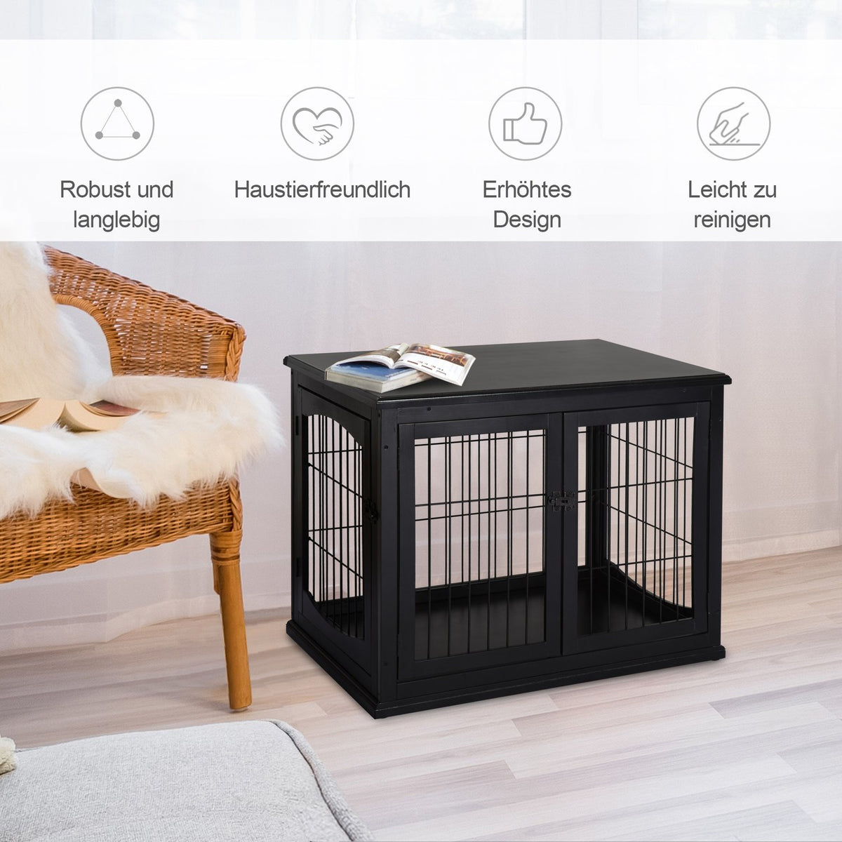 Dog House With Table Surface, Small Animal Cage For Indoor Use, Mdf Metal, Black, 81X58.5X66 Cm