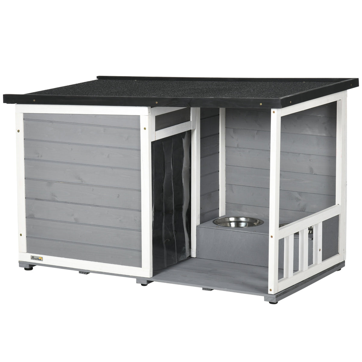 Dog House With Terrace Fir Wood Dog House With 2 Bowls & Asphalt Roof, Weatherproof, Gray, 103X62X60-66Cm