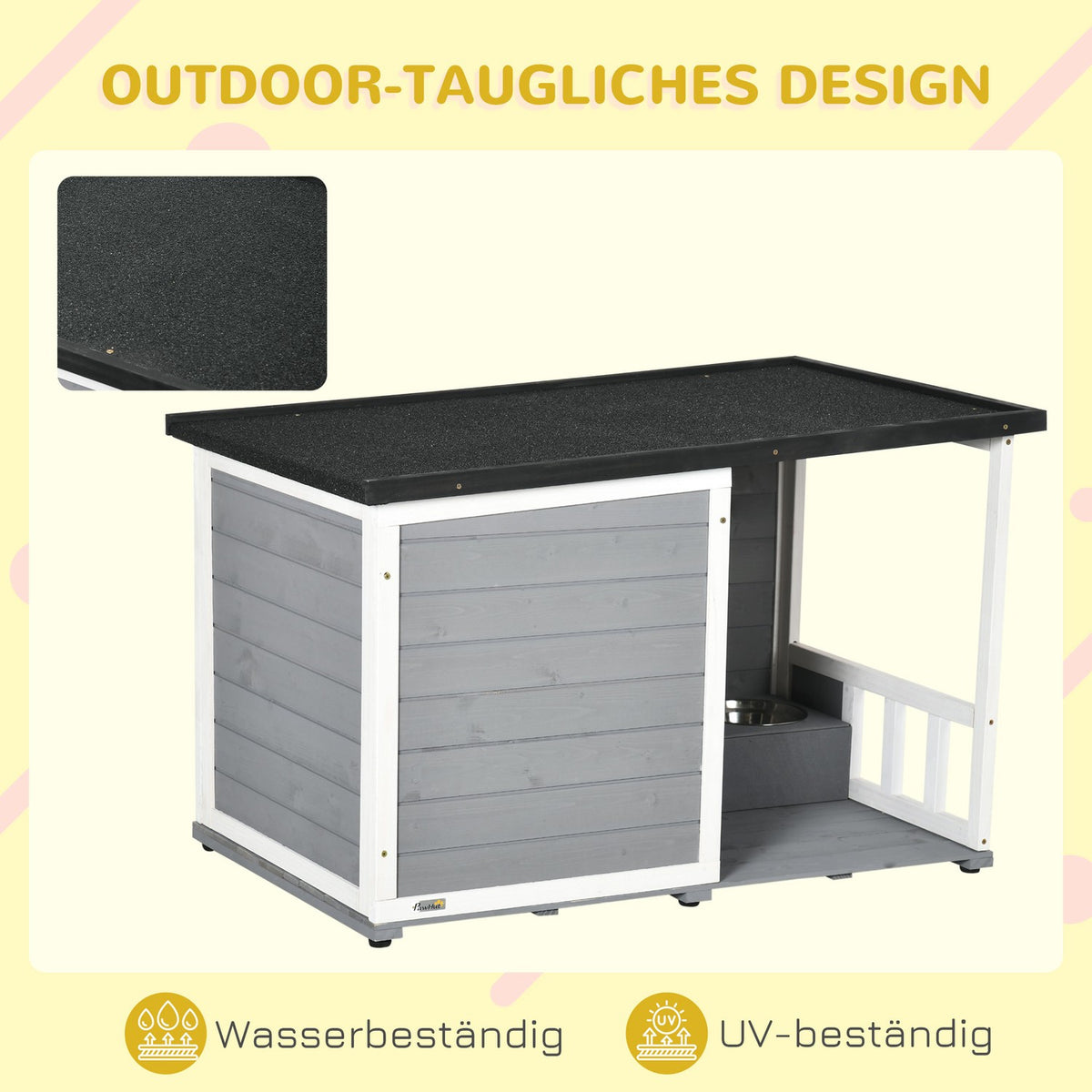 Dog House With Terrace Fir Wood Dog House With 2 Bowls & Asphalt Roof, Weatherproof, Gray, 103X62X60-66Cm