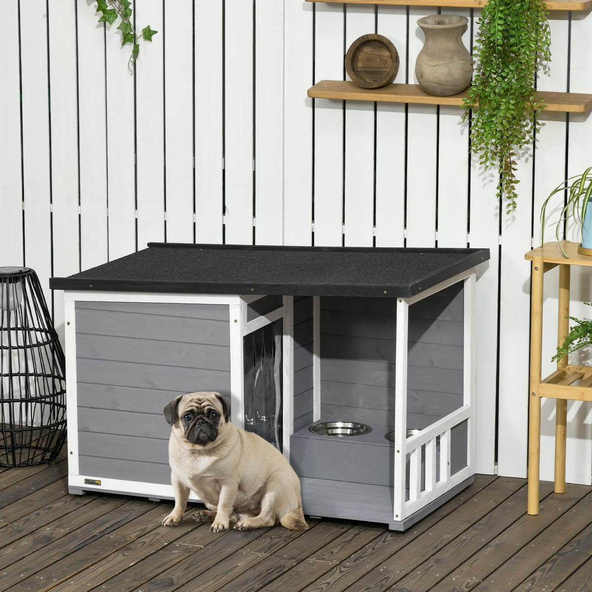 Dog House With Terrace Fir Wood Dog House With 2 Bowls & Asphalt Roof, Weatherproof, Gray, 103X62X60-66Cm