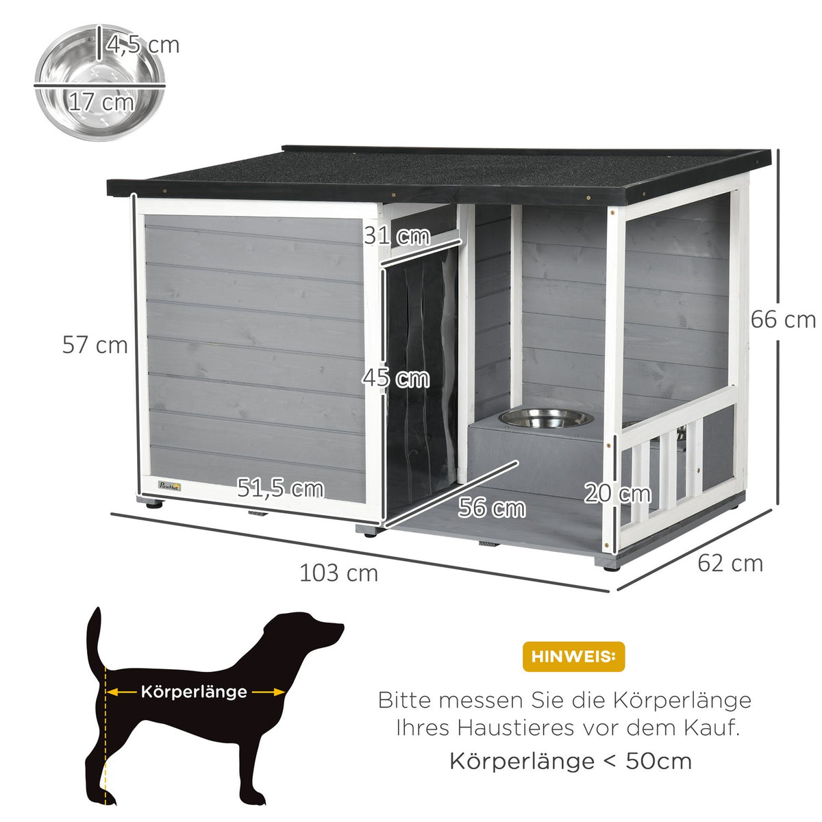 Dog House With Terrace Fir Wood Dog House With 2 Bowls & Asphalt Roof, Weatherproof, Gray, 103X62X60-66Cm