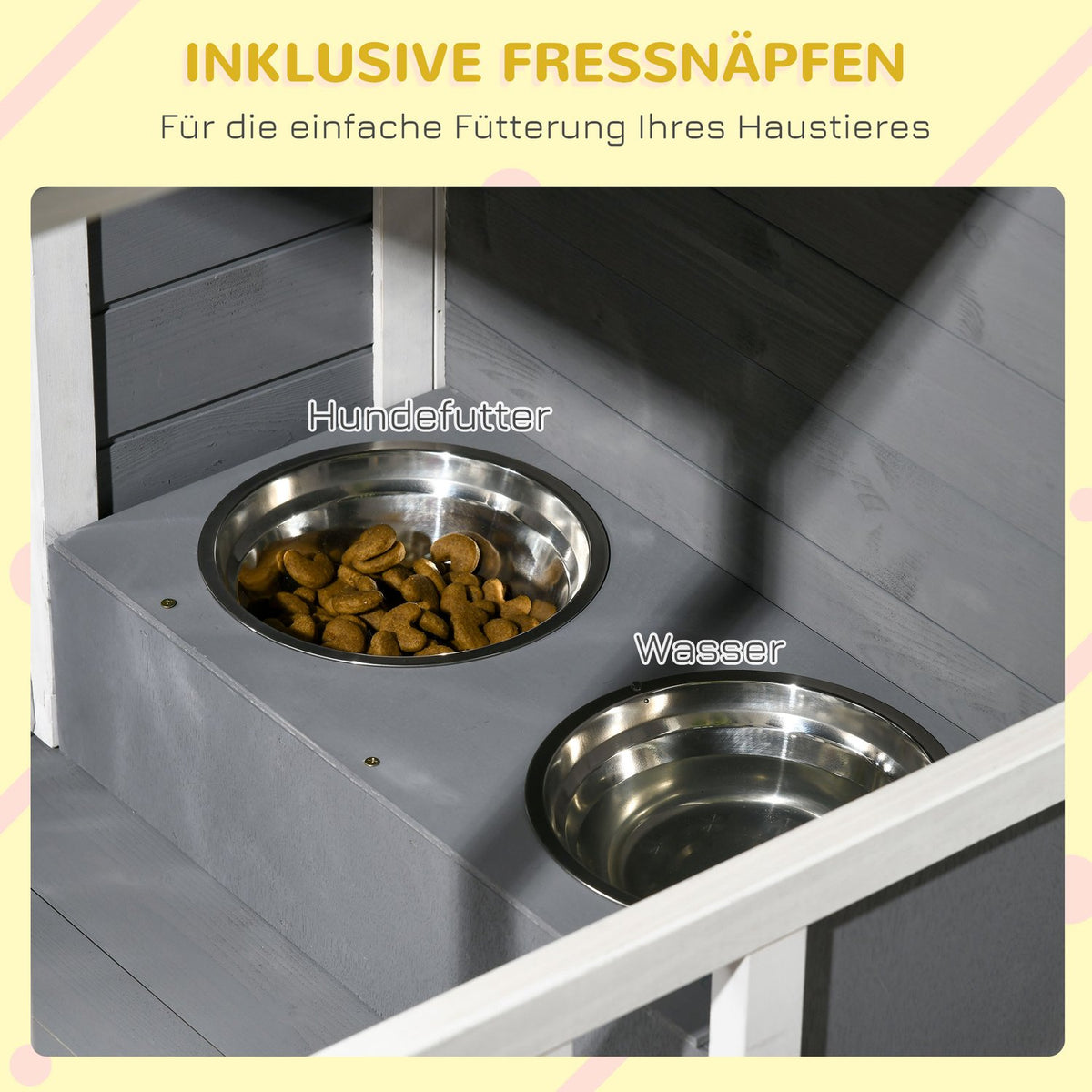 Dog House With Terrace Fir Wood Dog House With 2 Bowls & Asphalt Roof, Weatherproof, Gray, 103X62X60-66Cm