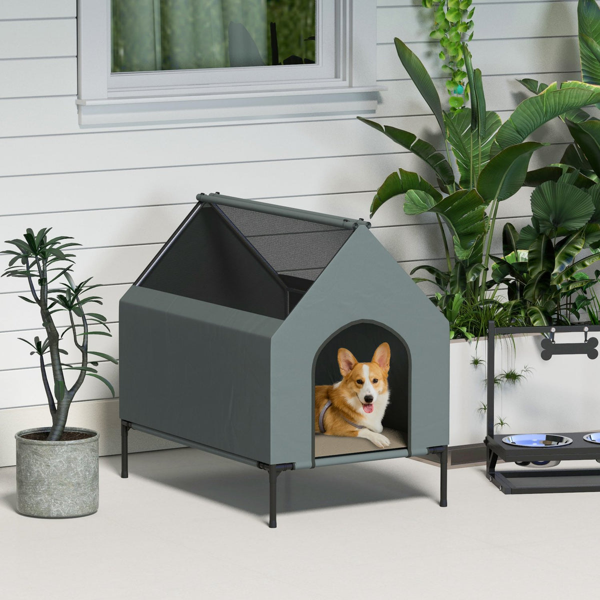 Dog Kennel Dog Cave Mesh Window Raised Dog Bed Removable Lid Carry Bag Small Medium Dogs Oxford Gray 81x51x78cm