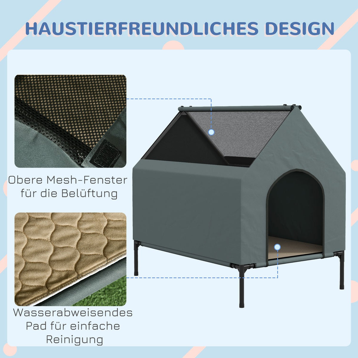Dog Kennel Dog Cave Mesh Window Raised Dog Bed Removable Lid Carry Bag Small Medium Dogs Oxford Gray 81x51x78cm
