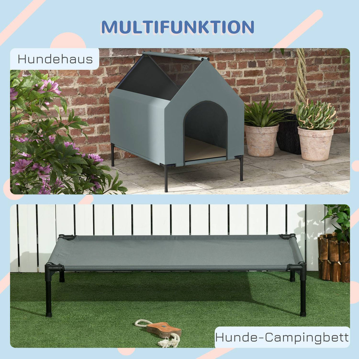 Dog Kennel Dog Cave Mesh Window Raised Dog Bed Removable Lid Carry Bag Small Medium Dogs Oxford Gray 81x51x78cm