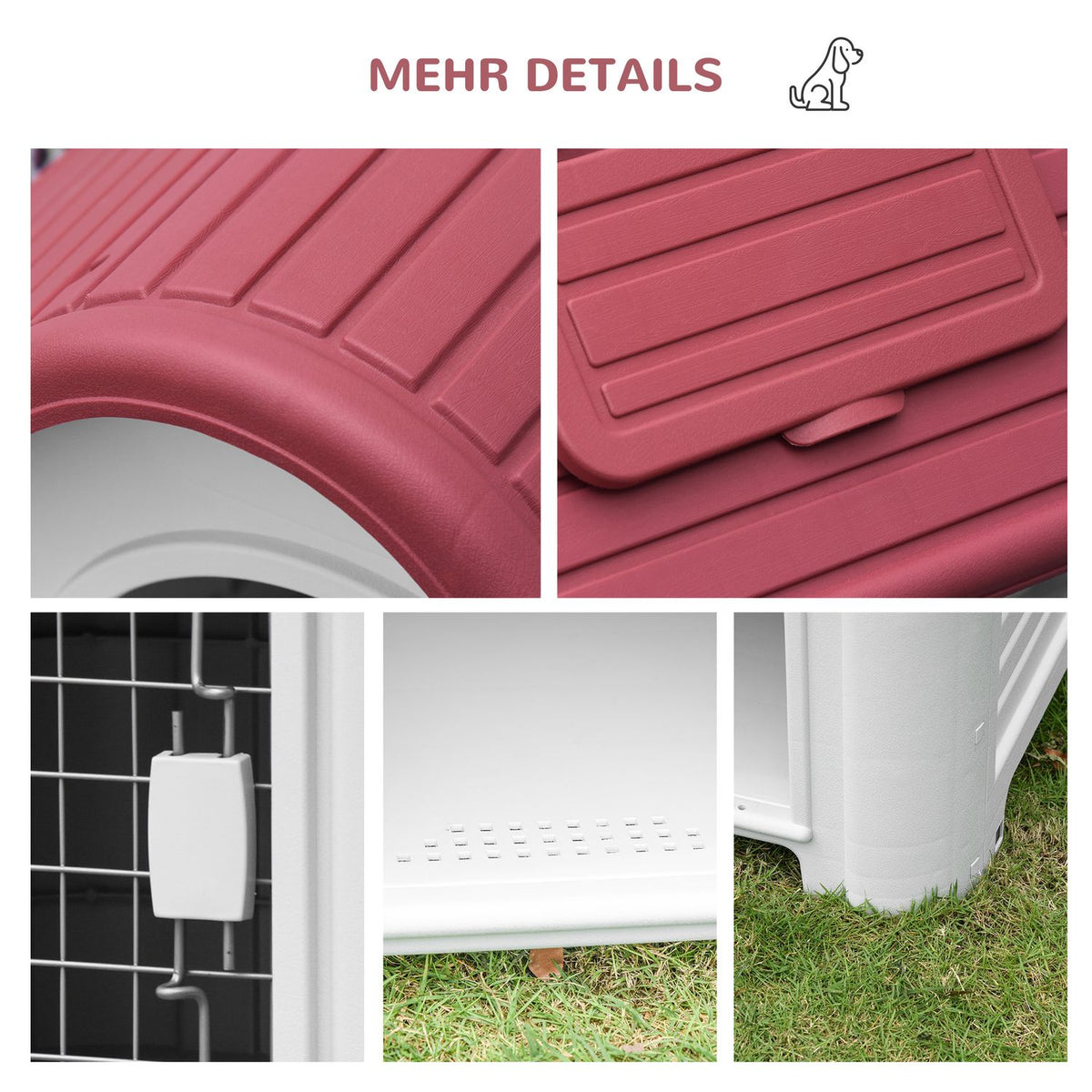 Dog Kennel Outdoor Dog House With Roof Hatch Gate Shelter For Small Dogs Small Animal Shed Air Circulation Waterproof Metal Pp Red+Light Gray