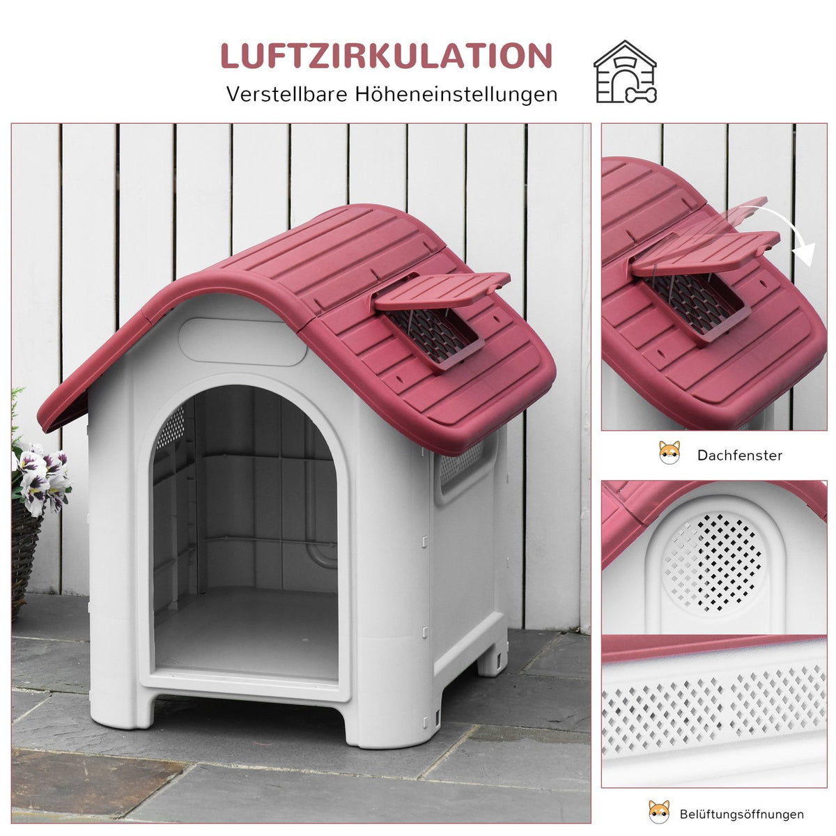 Dog Kennel Outdoor Dog House With Roof Hatch Gate Shelter For Small Dogs Small Animal Shed Air Circulation Waterproof Metal Pp Red+Light Gray