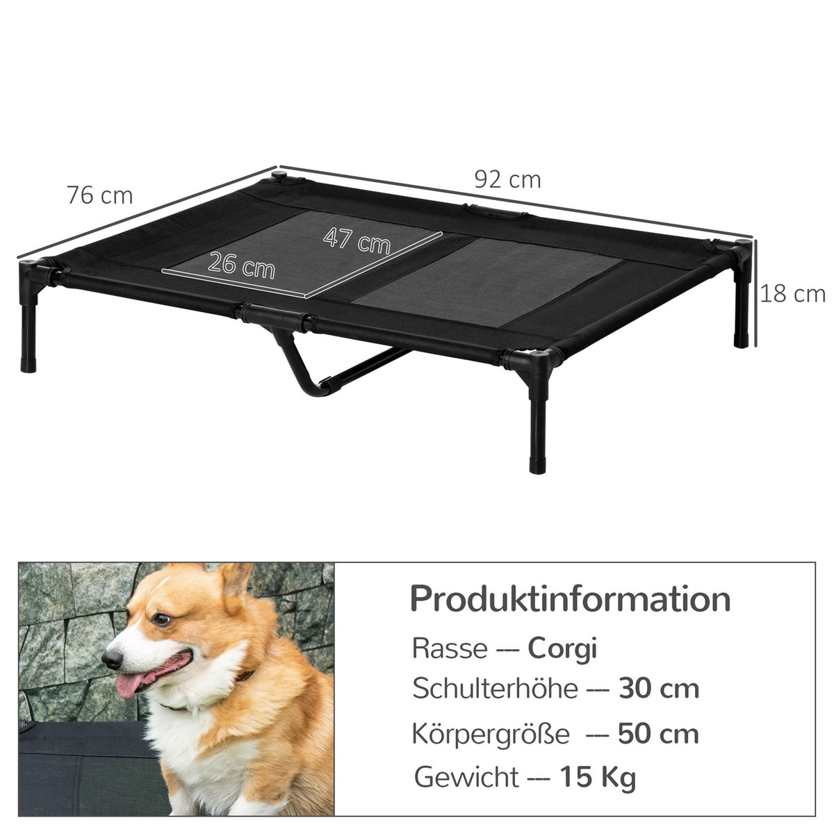 Dog Lounger Elevated Outdoor Dog Bed & Dog Sofa, Oxford Black, 92X76X18Cm