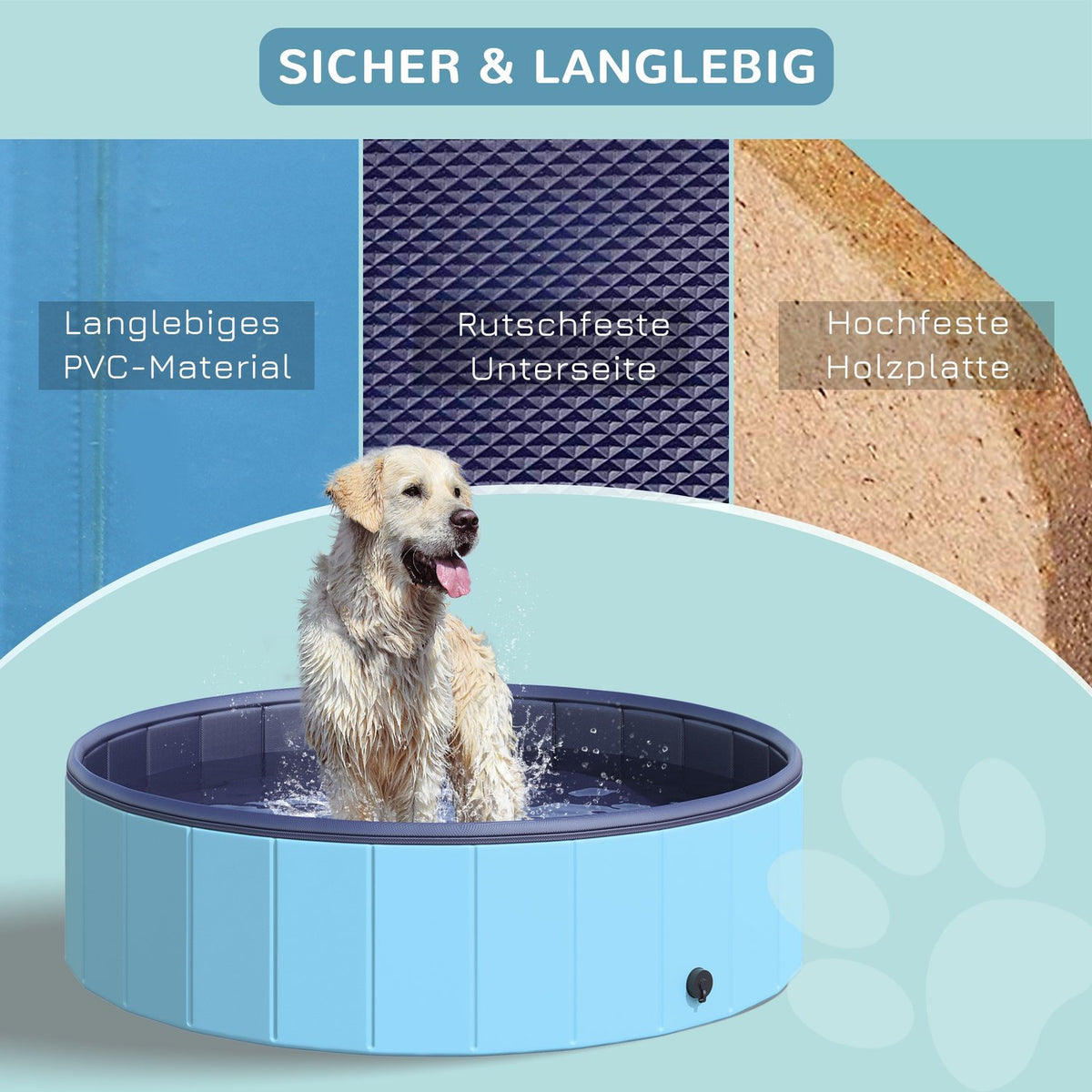Dog Pool Large Paddling Pool For Dogs, Swimming Pool Made Of Pvc + Wood, Blue, Ø120Xh30 Cm, Cooling Off In Summer