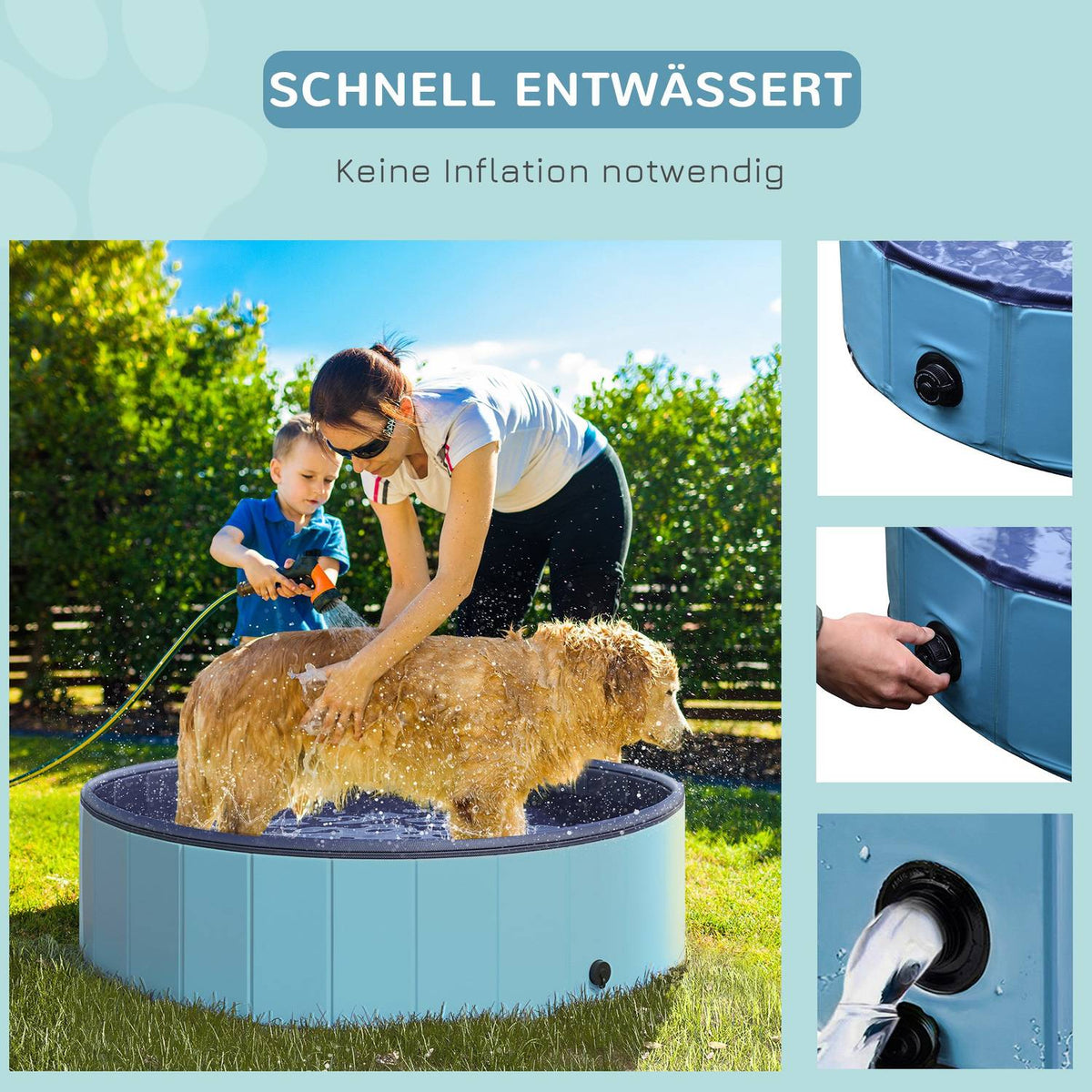 Dog Pool Large Paddling Pool For Dogs, Swimming Pool Made Of Pvc + Wood, Blue, Ø120Xh30 Cm, Cooling Off In Summer