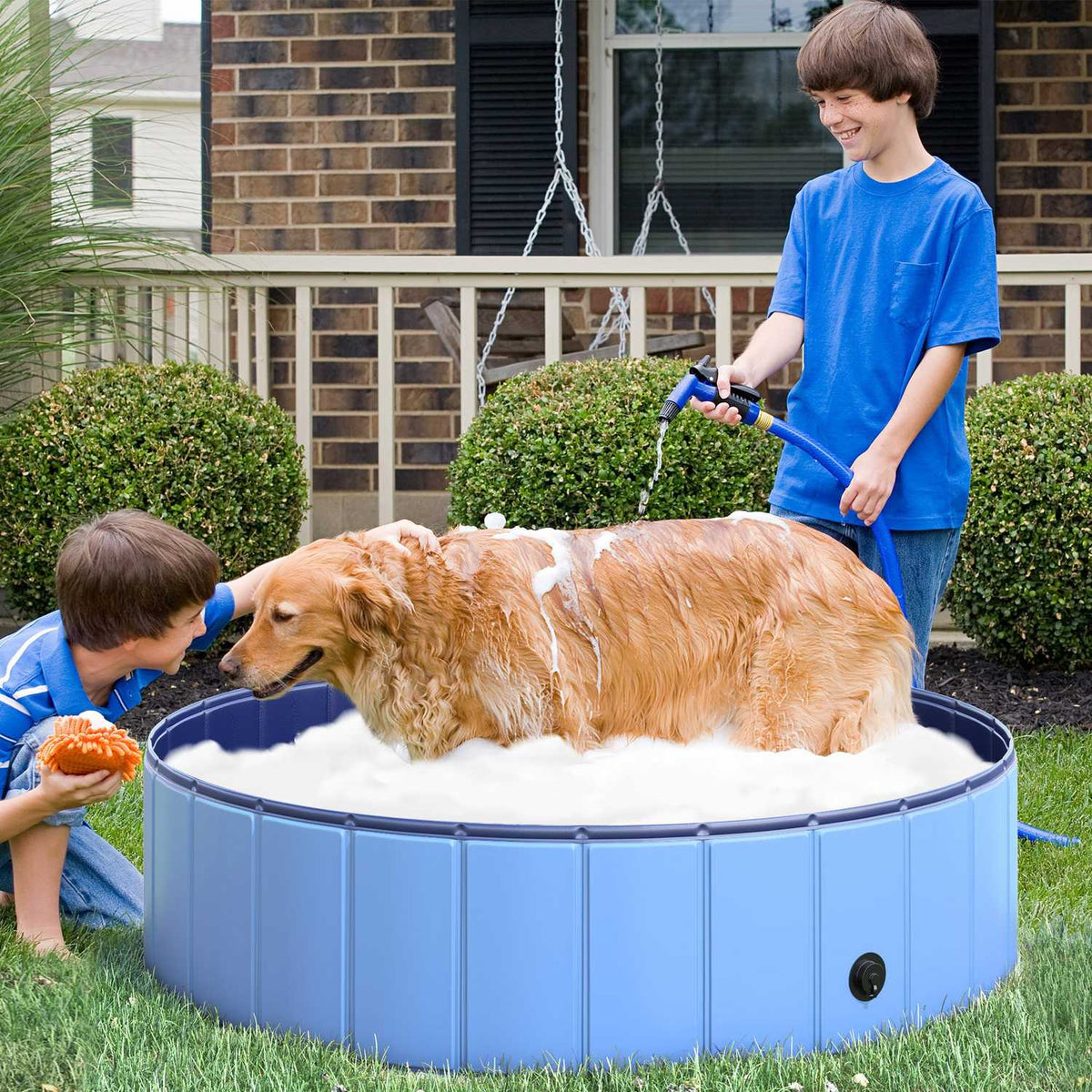 Dog Pool Large Paddling Pool For Dogs, Swimming Pool Made Of Pvc + Wood, Blue, Ø120Xh30 Cm, Cooling Off In Summer