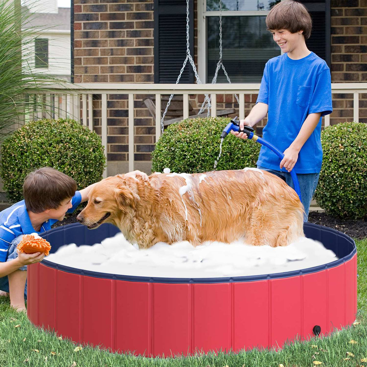 Dog Pool Large Paddling Pool For Dogs, Swimming Pool Made Of Pvc + Wood, Red, Ø140Xh30 Cm, Summer Enjoyment