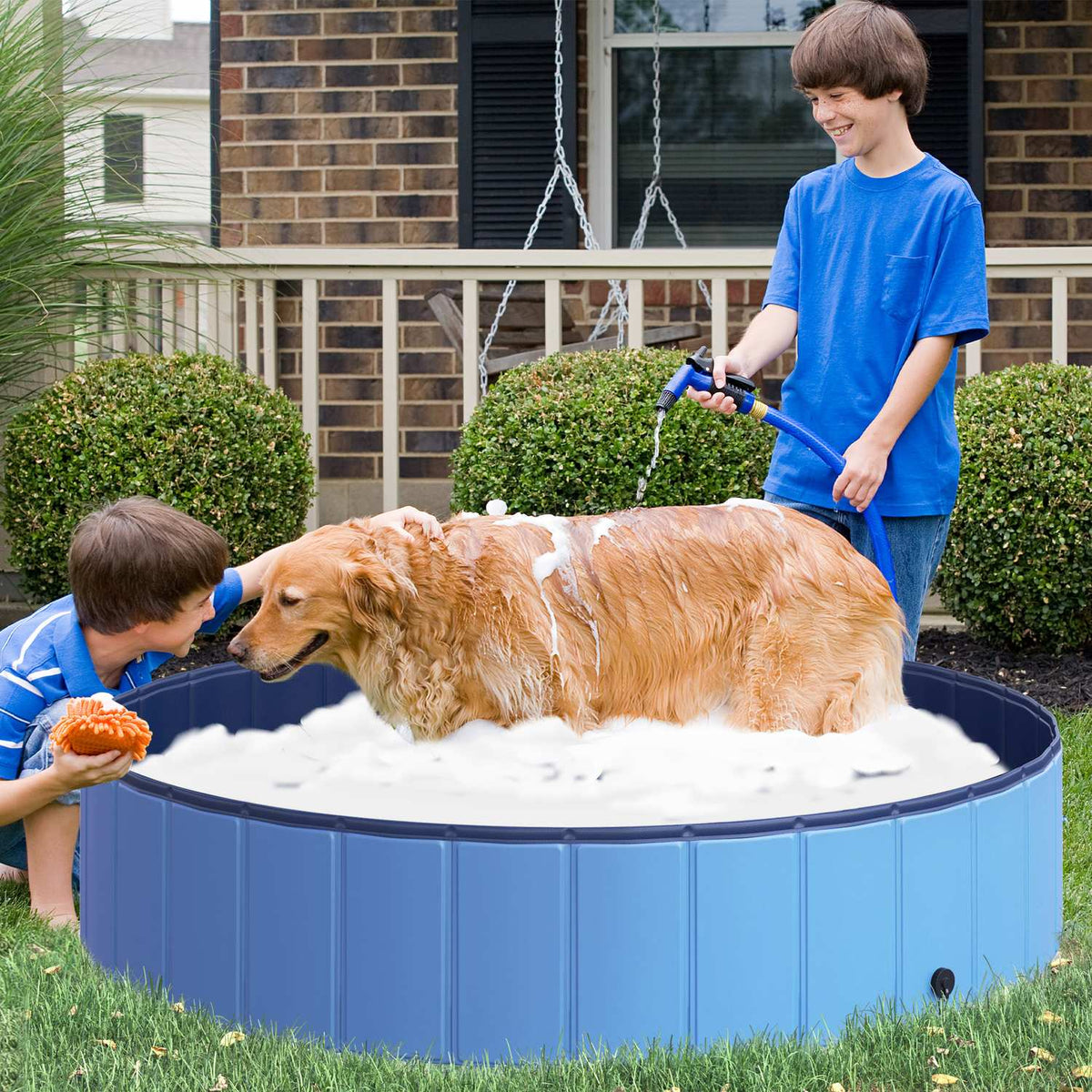 Dog Pool Large Swimming Pool For Dogs, Paddling Pool Made Of Pvc + Wood, Blue, Diameter 140 X Height 30 Cm, Ideal For Summer