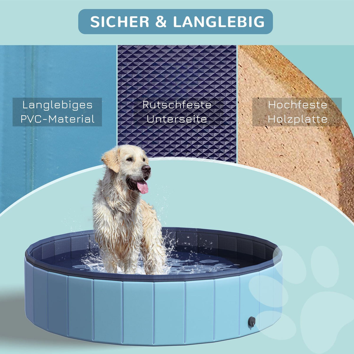 Dog Pool Large Swimming Pool For Dogs, Paddling Pool Made Of Pvc + Wood, Blue, Diameter 140 X Height 30 Cm, Ideal For Summer