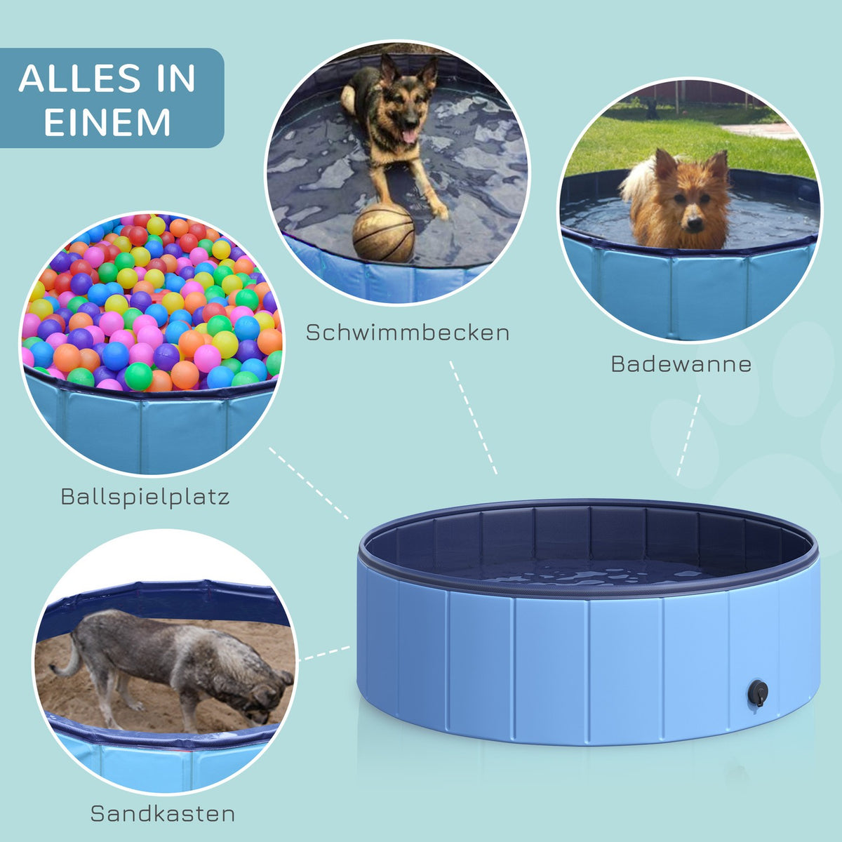 Dog Pool Paddling Pool For Dogs, Swimming Pool Made Of Pvc + Wood, Blue, Ø100Xh30 Cm, Perfect For Hot Days