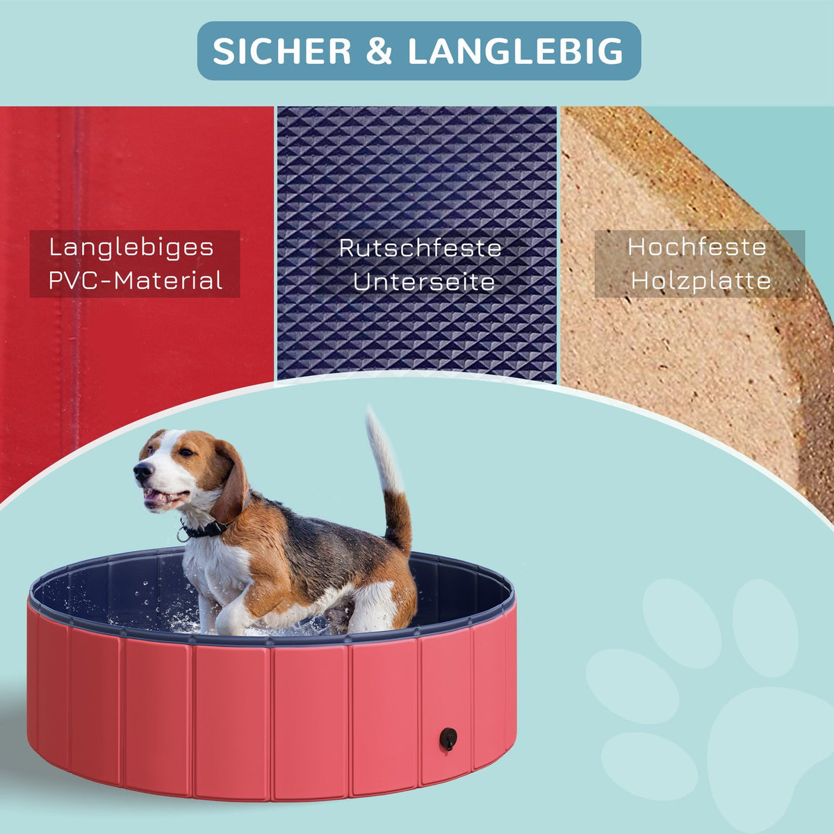 Dog Pool Paddling Pool For Dogs, Swimming Pool Made Of Pvc + Wood, Red, Ø100Xh30 Cm, Summer Refreshment