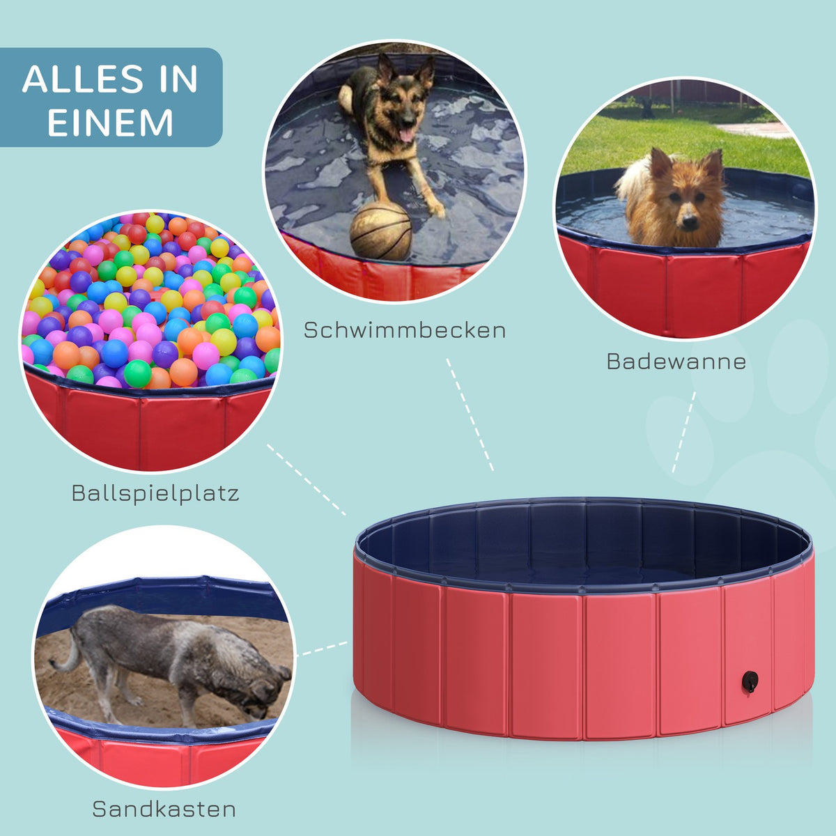 Dog Pool Paddling Pool For Dogs, Swimming Pool Made Of Pvc + Wood, Red, Ø100Xh30 Cm, Summer Refreshment