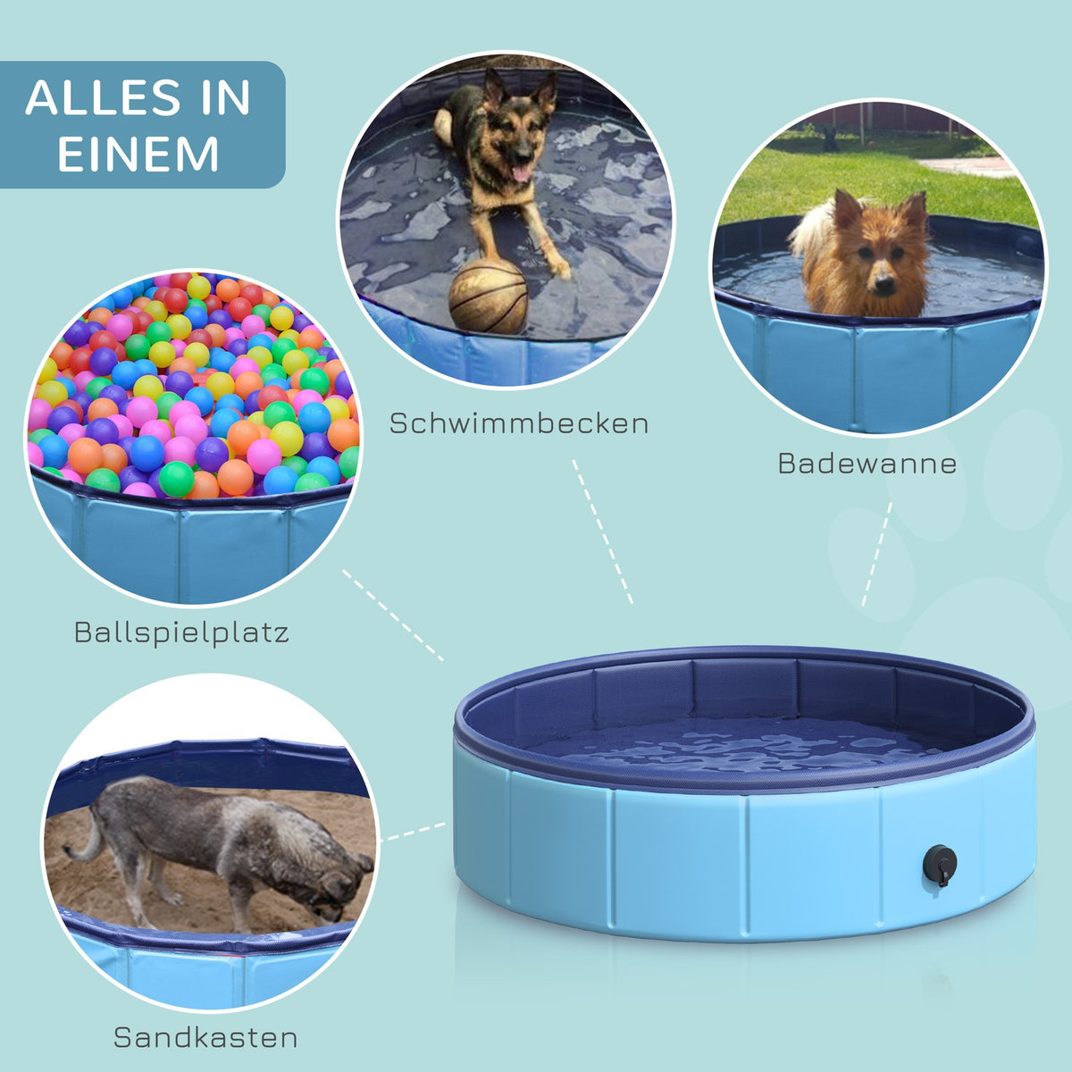 Dog Pool, Robust Paddling Pool For Dogs, Swimming Pool Made Of Pvc + Wood, Blue, Ø80Xh20 Cm, Summer Fun