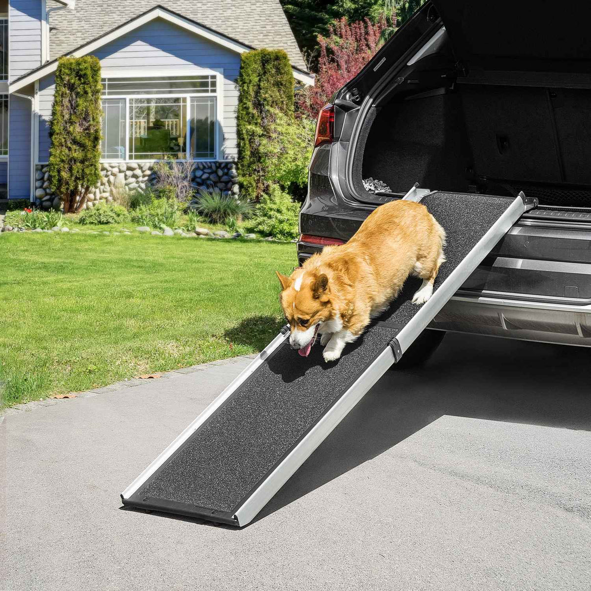 Dog Ramp Pet Ramp Foldable Dog Stairs With Carry Handle Telescopic Car Ramp Animal Ramp Non-Slip Aluminum Black + Silver 183 X 42 X 6.5 Cm
