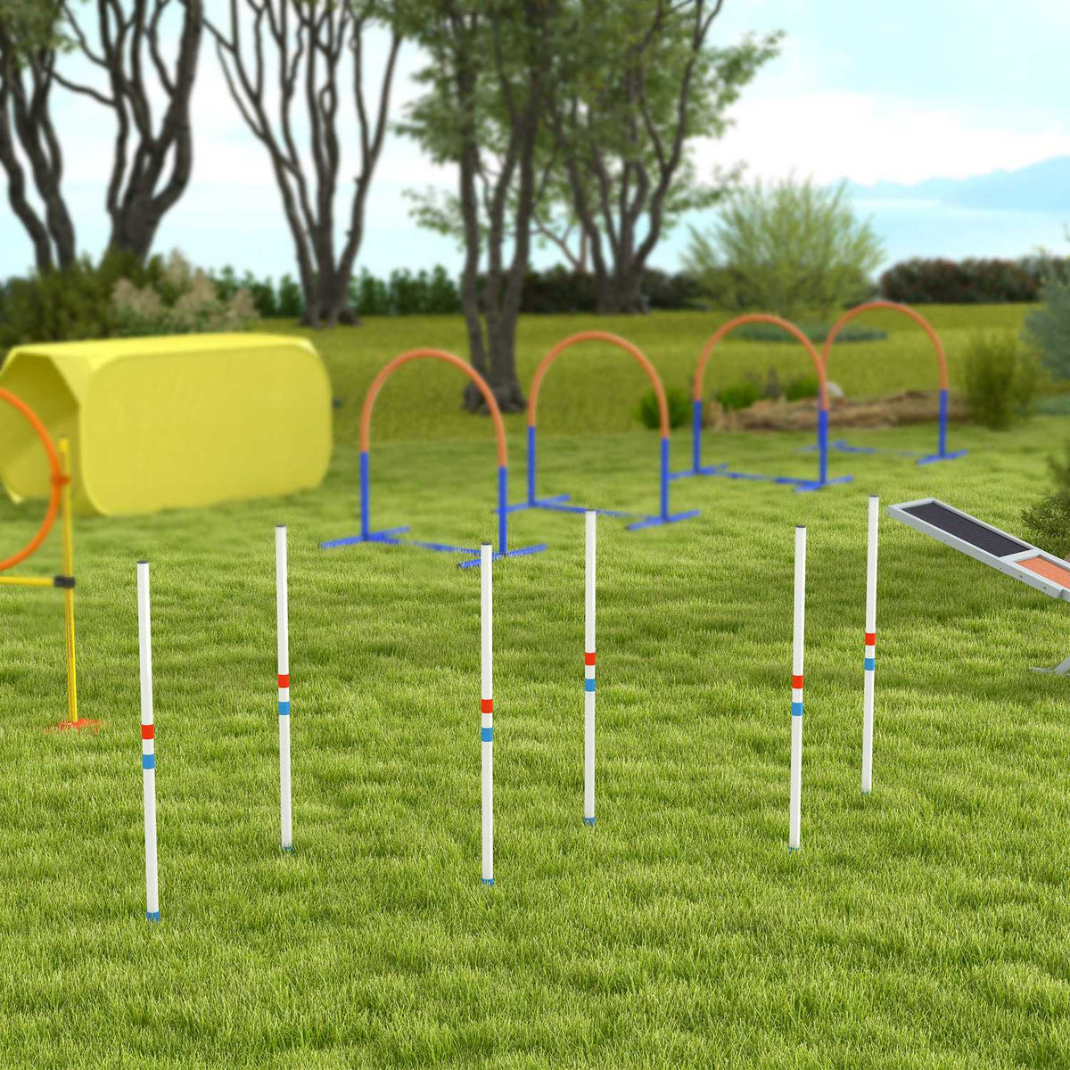 Dog Slalom Poles Agility Training For Pets Dog Training Set Including 600D Bag Polyester Plastic White + Blue 305 X 60 X 94 Cm