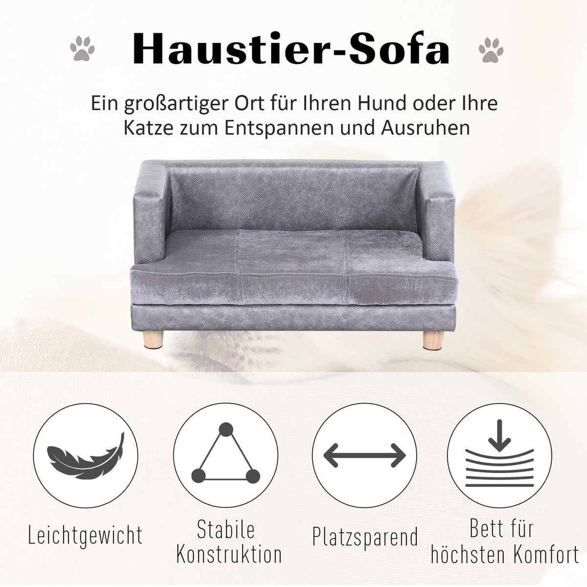 Dog Sofa Comfortable Pet Sofa Made Of Faux Leather & Short Plush, Gray, 68X41X32Cm