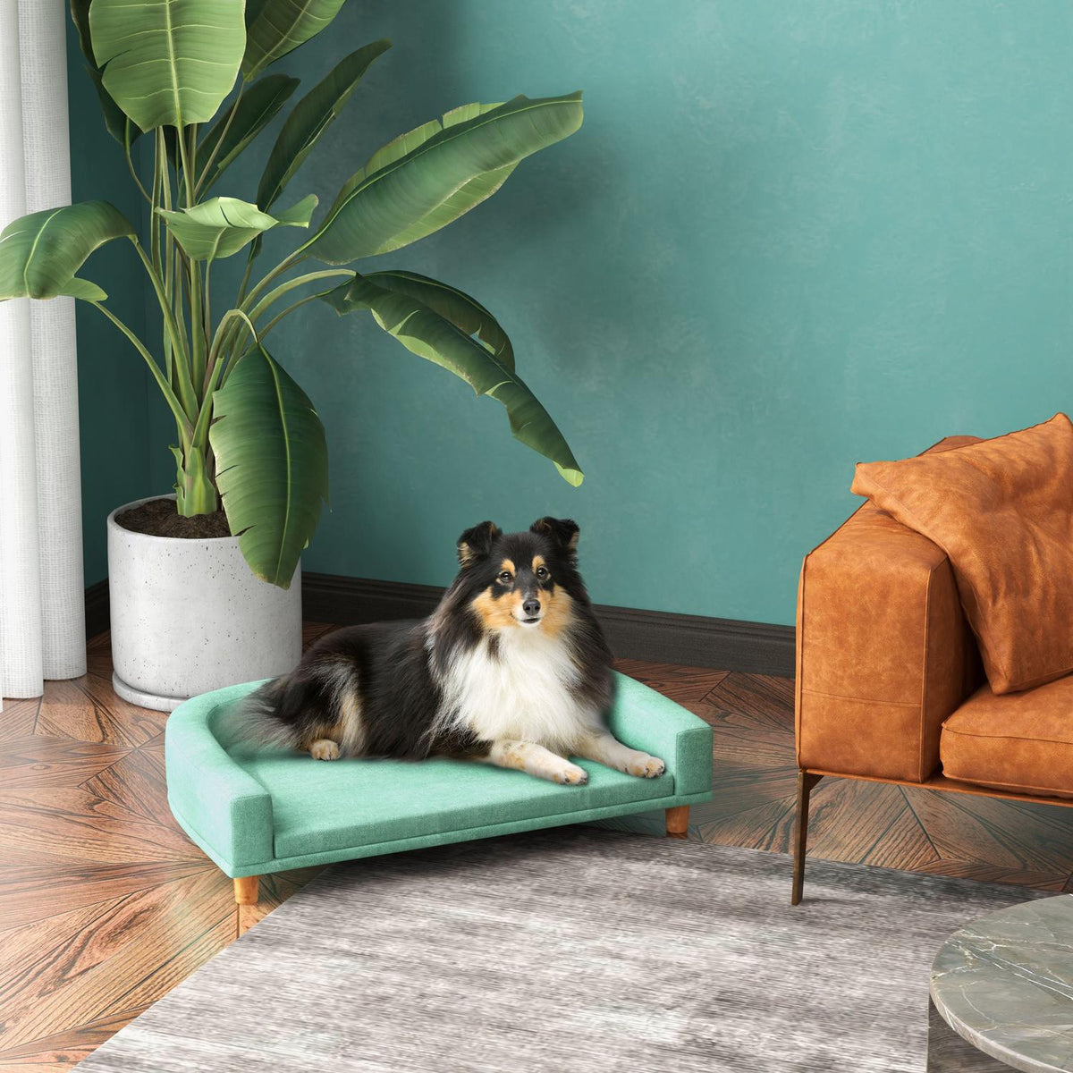 Dog Sofa Comfortable Pet Sofa With Cushion, Ideal For Large Dogs, Elevated Design, Wooden Legs, Green, 98X67X25Cm