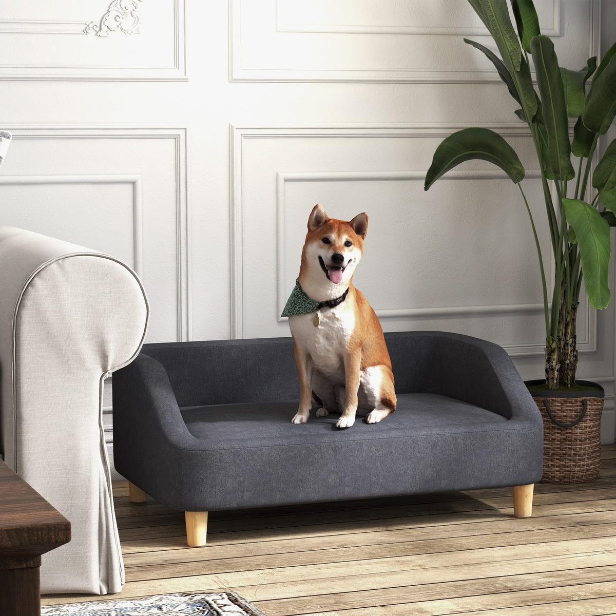 Dog Sofa Pet Sofa For Medium & Large Dogs, Elevated Design With Wooden Legs, Dark Gray