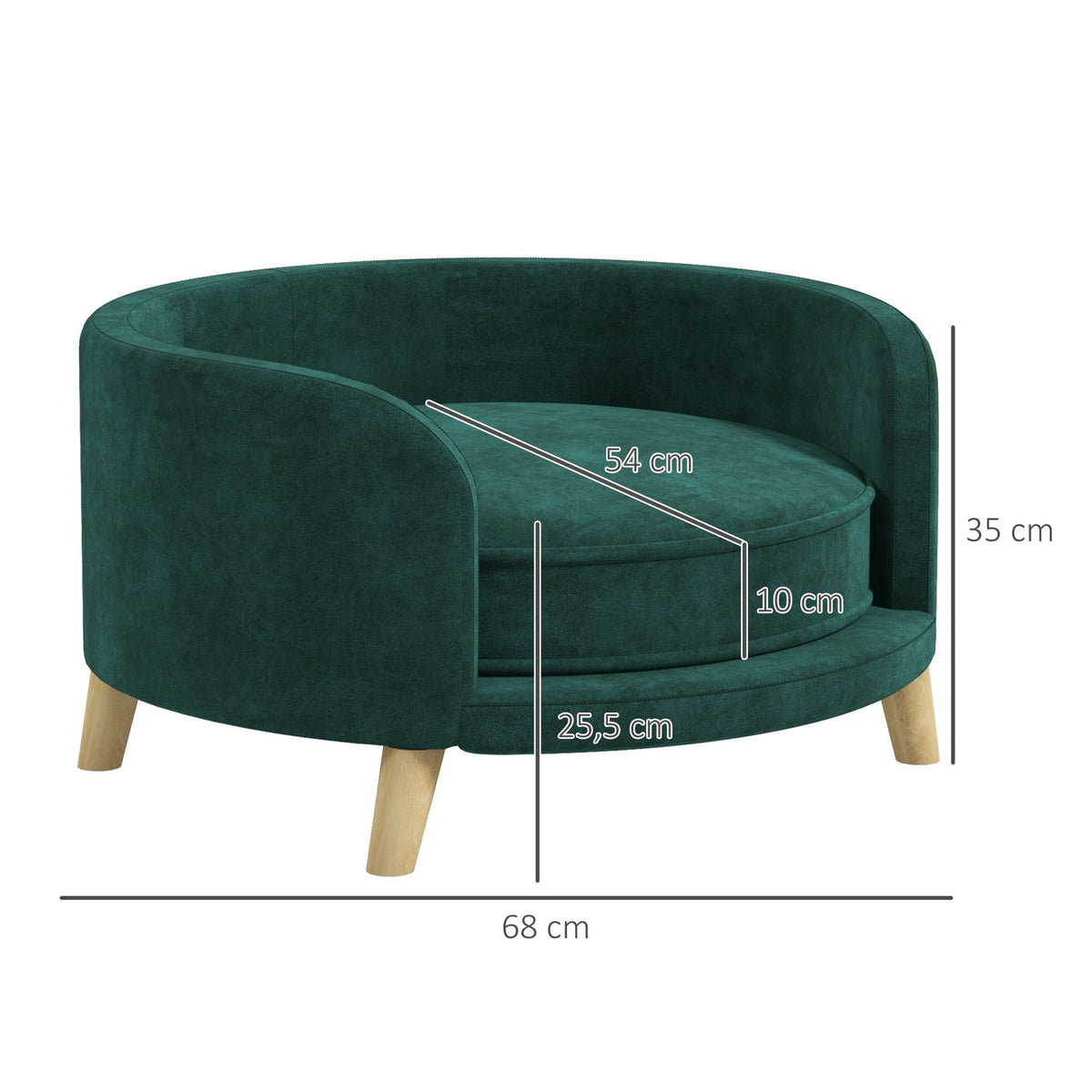 Dog Sofa Velvet Look Pet Sofa With Cushion, Raised Design & Wooden Legs, Green