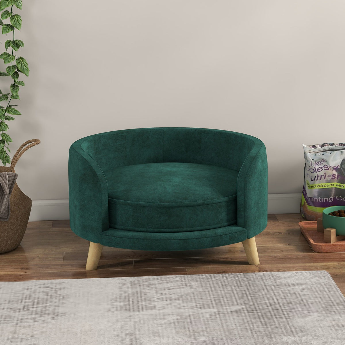 Dog Sofa Velvet Look Pet Sofa With Cushion, Raised Design & Wooden Legs, Green