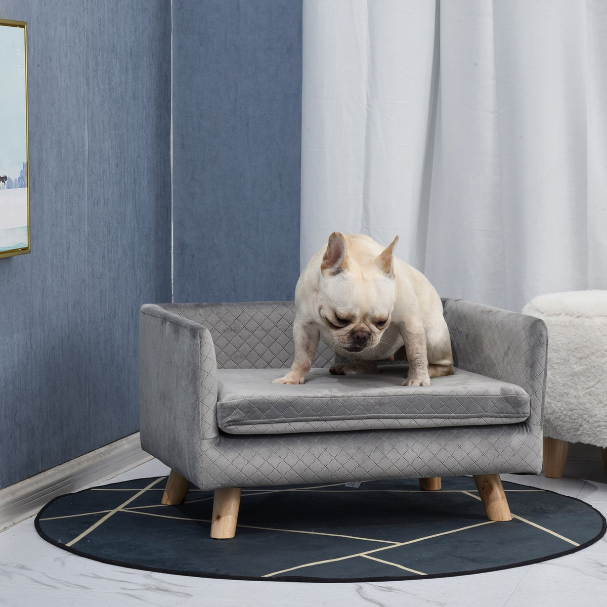 Dog Sofa Velvet Touch Pet Sofa For Small Dogs Up To 8Kg, With Wooden Legs, Gray, 64X45X36Cm
