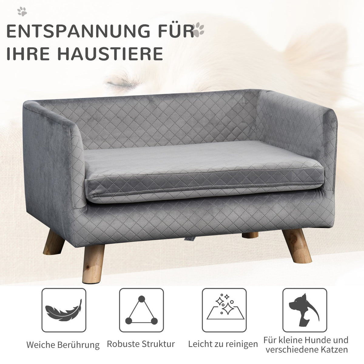 Dog Sofa Velvet Touch Pet Sofa For Small Dogs Up To 8Kg, With Wooden Legs, Gray, 64X45X36Cm