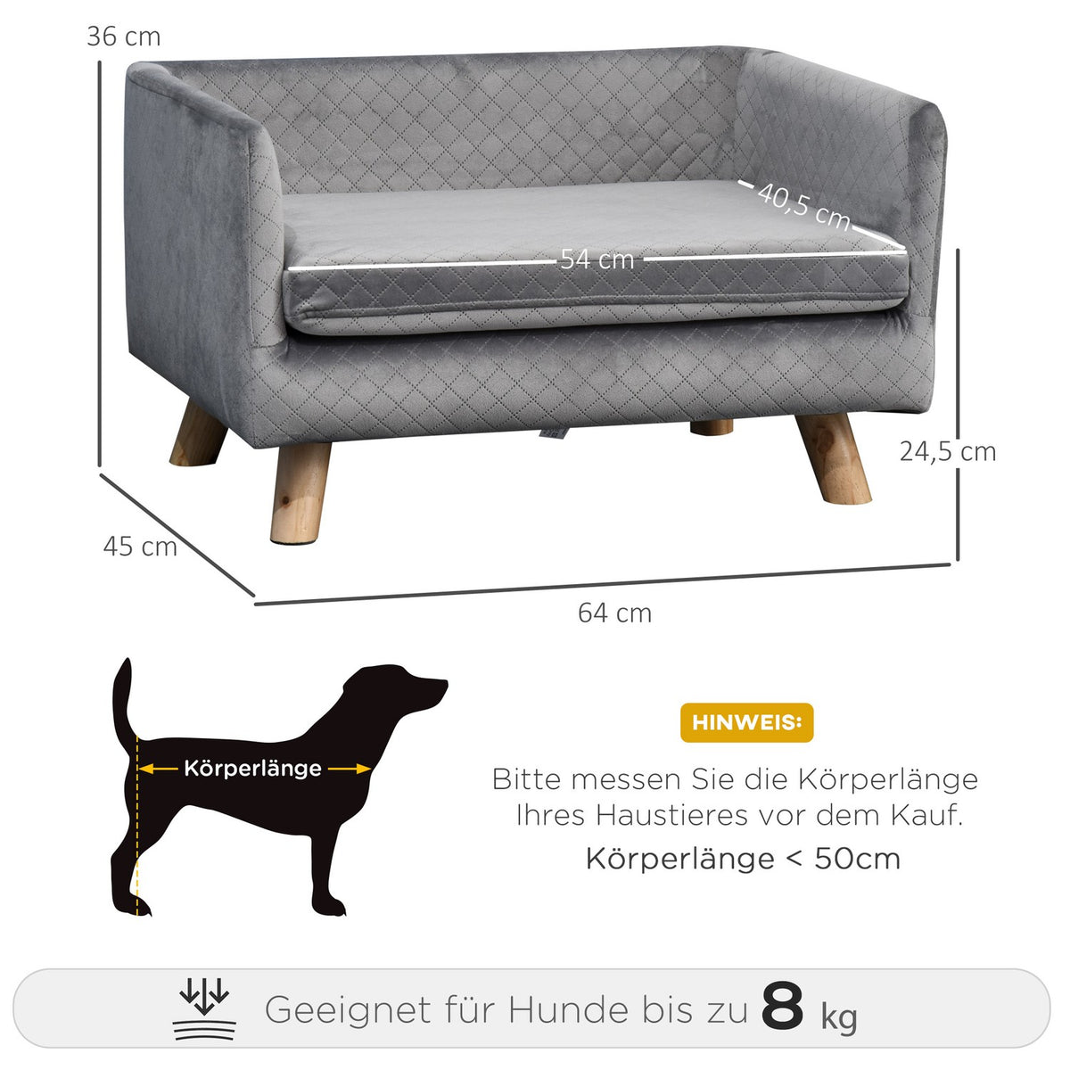 Dog Sofa Velvet Touch Pet Sofa For Small Dogs Up To 8Kg, With Wooden Legs, Gray, 64X45X36Cm