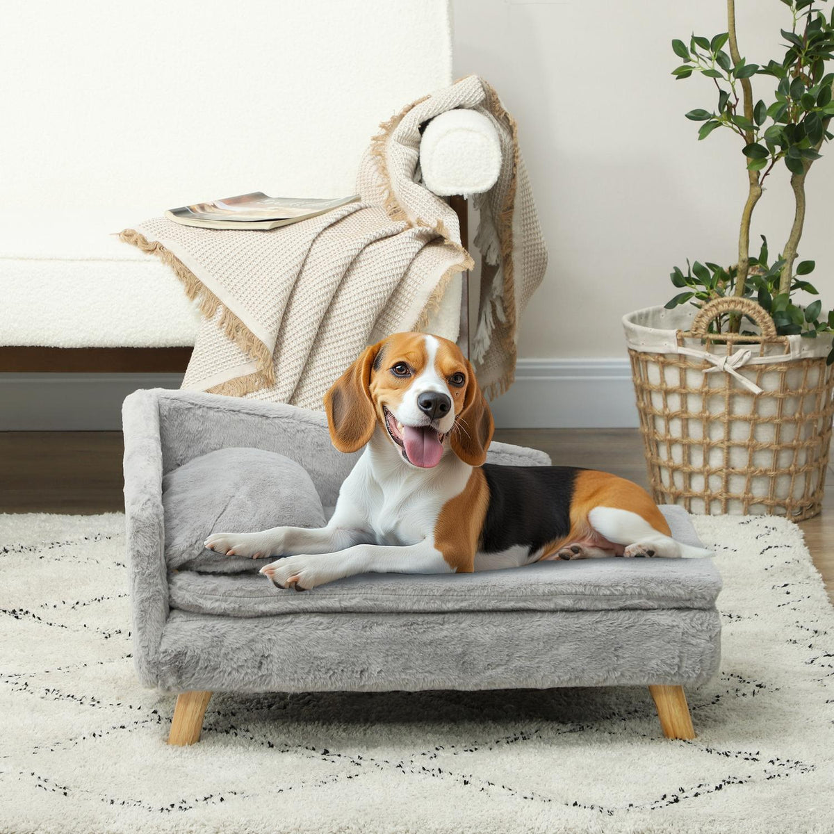 Dog Sofa for Medium Dogs, Dog Bed with Removable and Washable Cushion, Pet Sofa with Wooden Legs, Raised Design, 15kg, Light Gray