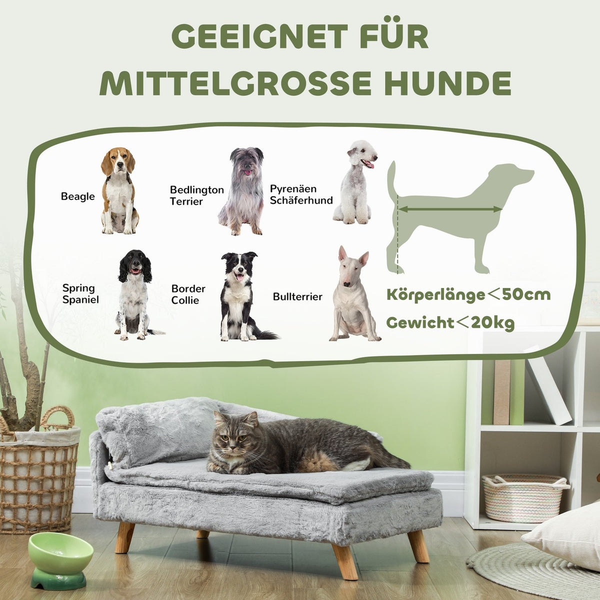 Dog Sofa for Medium Dogs, Dog Bed with Removable and Washable Cushion, Pet Sofa with Wooden Legs, Raised Design, 20kg, Light Gray