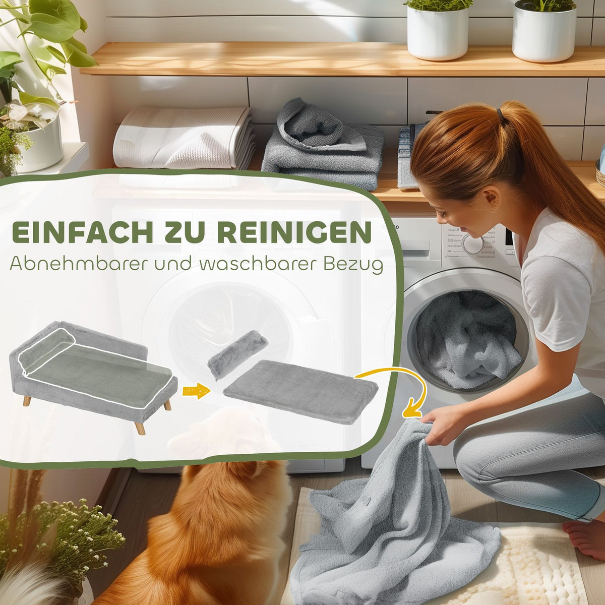 Dog Sofa for Medium Dogs, Dog Bed with Removable and Washable Cushion, Pet Sofa with Wooden Legs, Raised Design, 20kg, Light Gray