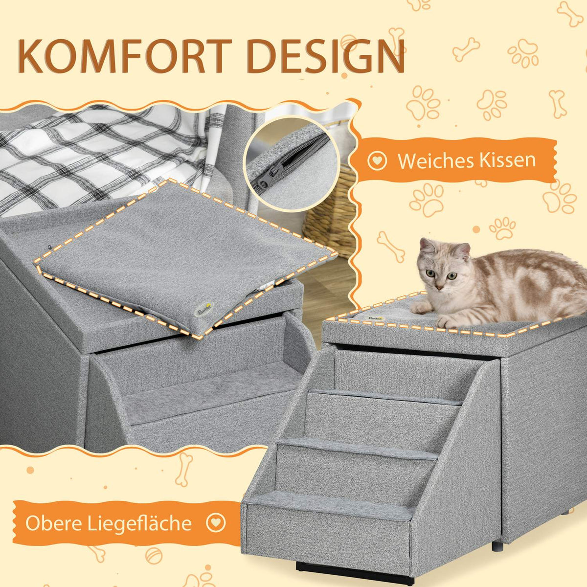 Dog Stairs 2 In 1, 4 Step Cat Stairs With Storage Space, Stool, Pet Stairs, Pet Ramp, Polyester, Light Gray