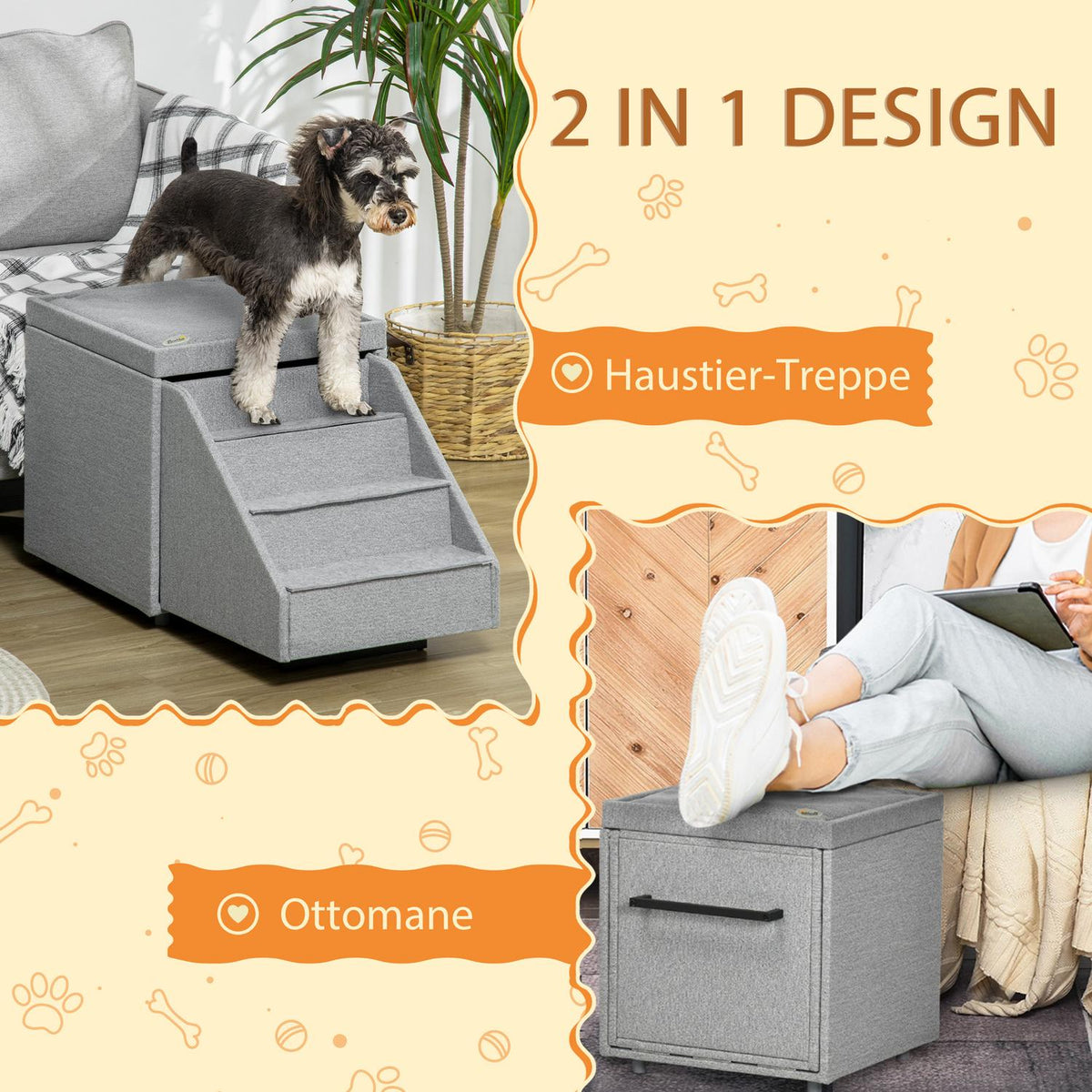 Dog Stairs 2 In 1, 4 Step Cat Stairs With Storage Space, Stool, Pet Stairs, Pet Ramp, Polyester, Light Gray