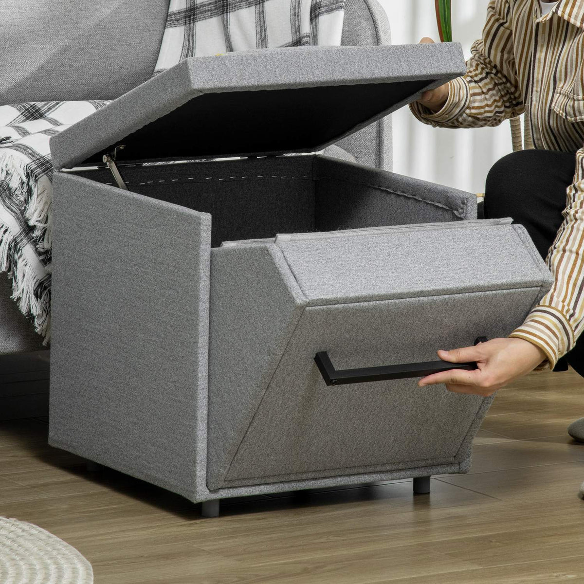 Dog Stairs 2 In 1, 4 Step Cat Stairs With Storage Space, Stool, Pet Stairs, Pet Ramp, Polyester, Light Gray
