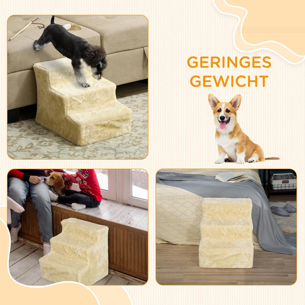 Dog Stairs 3-Step 35 cm Pet Stairs with Plush Look Cat Stairs for Bed Sofa Cats up to 4.5 kg Beige