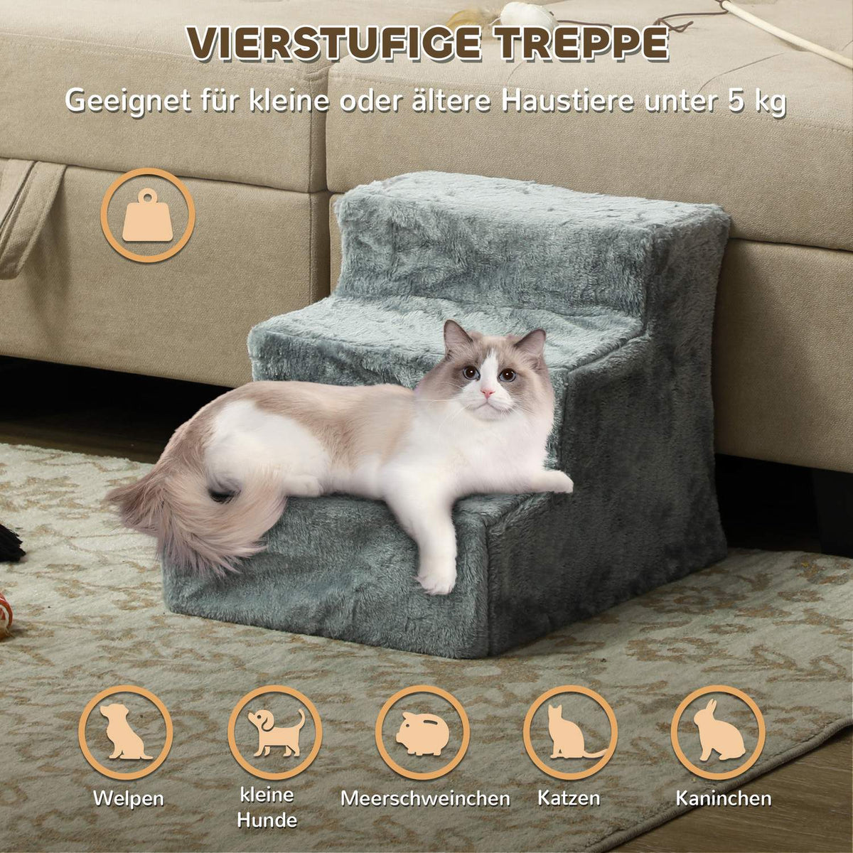 Dog Stairs 3-Step 35 cm Pet Stairs with Plush Look Cat Stairs for Bed Sofa Cats up to 5 kg Light Gray