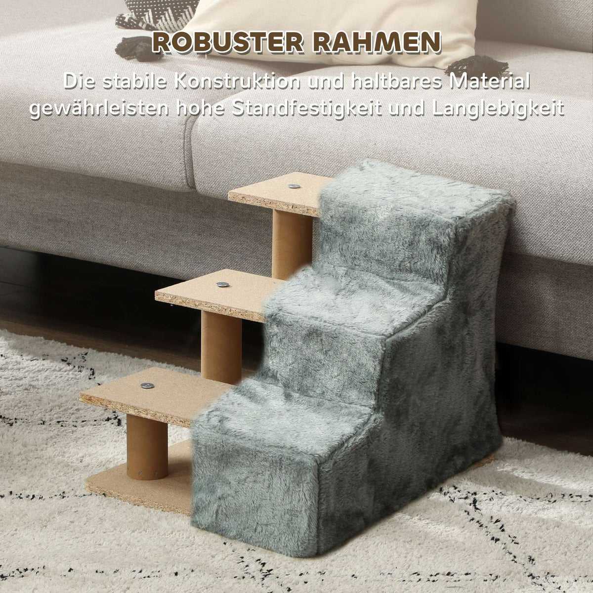 Dog Stairs 3-Step 35 cm Pet Stairs with Plush Look Cat Stairs for Bed Sofa Cats up to 5 kg Light Gray