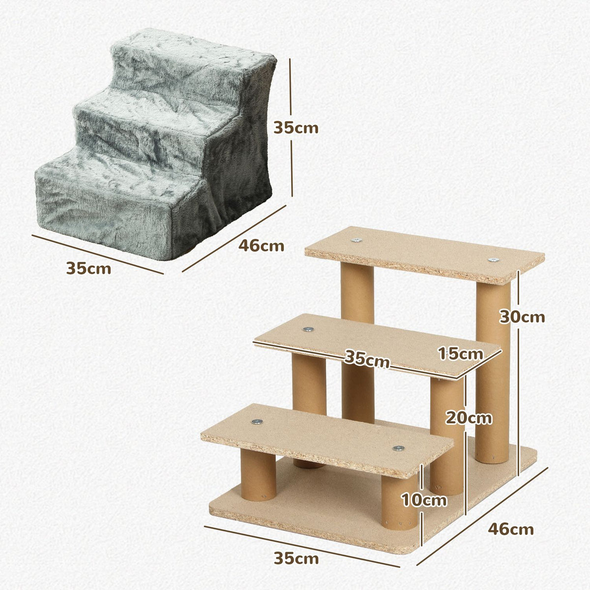 Dog Stairs 3-Step 35 cm Pet Stairs with Plush Look Cat Stairs for Bed Sofa Cats up to 5 kg Light Gray