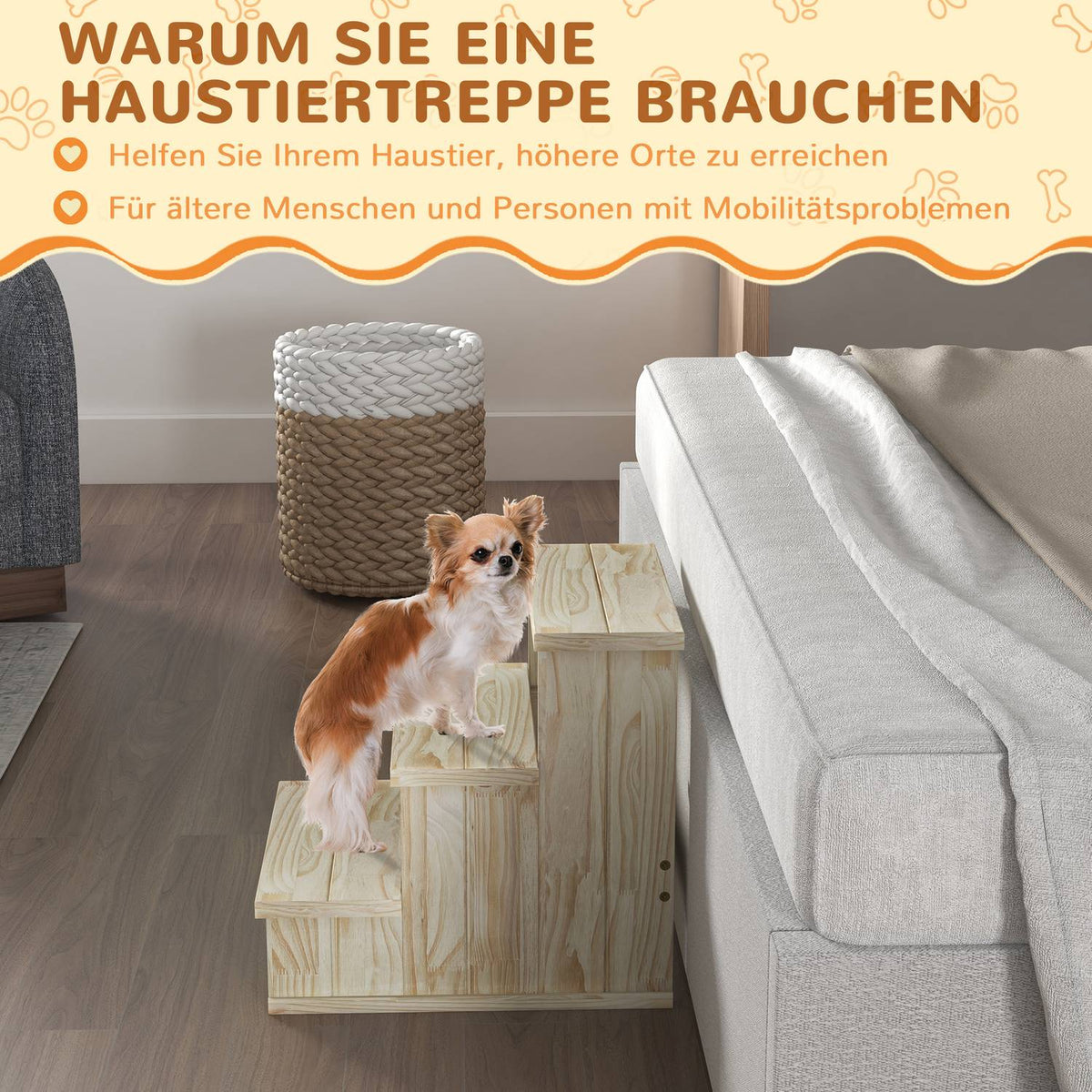 Dog Stairs, 3 Step Wooden Cat Stairs, Pet Stairs, Up To 10 Kg, Natural, Pet Ladder For Small Dogs